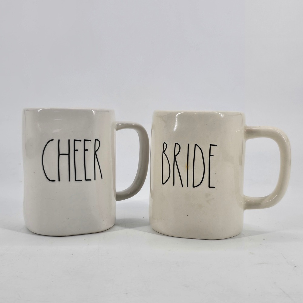 Rae Dunn Coffee Mug Set 2pc Cheer Bride Cream‎ Black Artisan Collection Ceramic